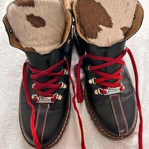 Men’s Ammann Black and cream Leather Boots with cow print fur